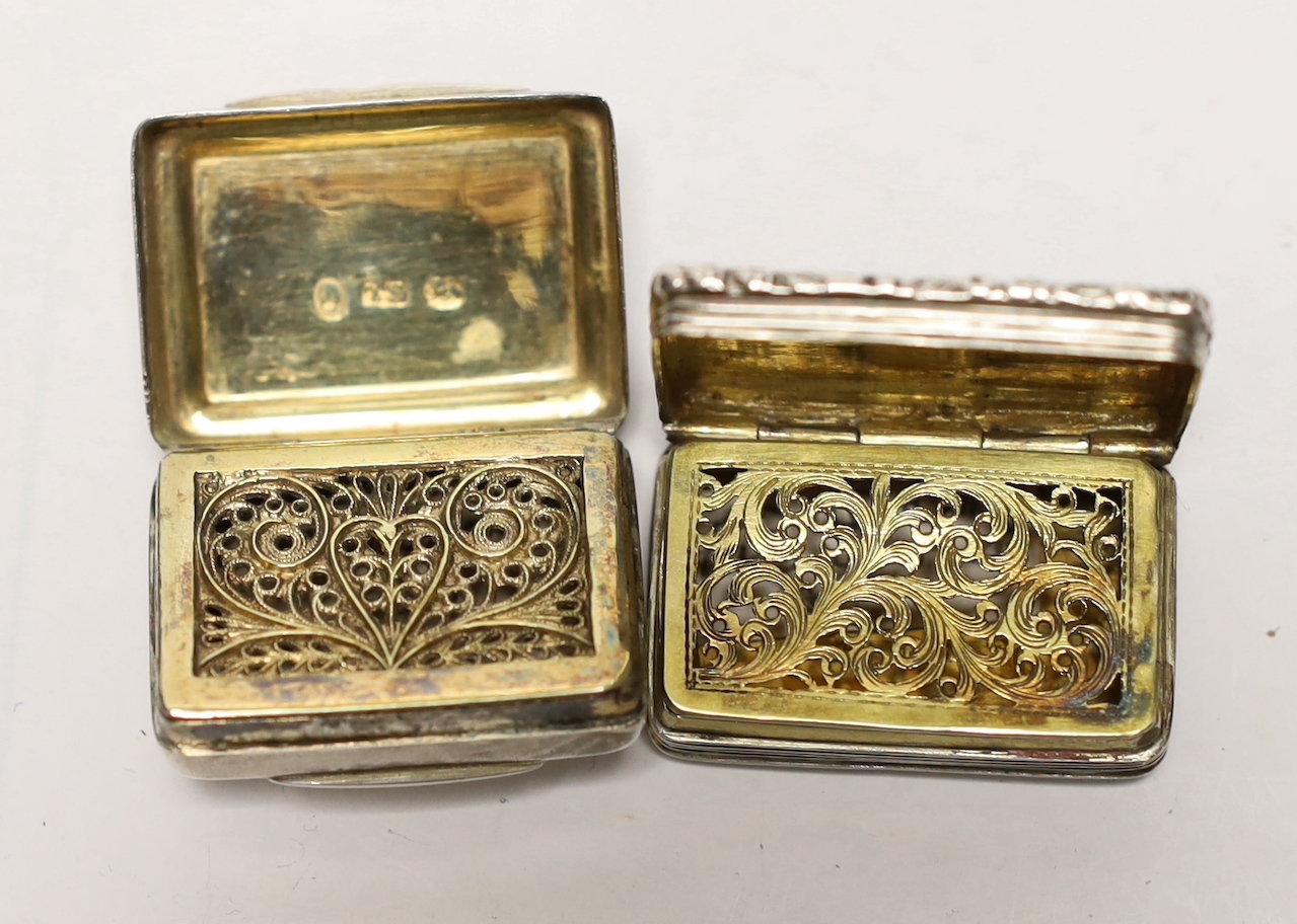 Two early 19th century engine turned rectangular vinaigrettes, Thomas Shaw, Birmingham, 1833 and largest by Thomas Wilmore, Birmingham, 1803, 37mm.